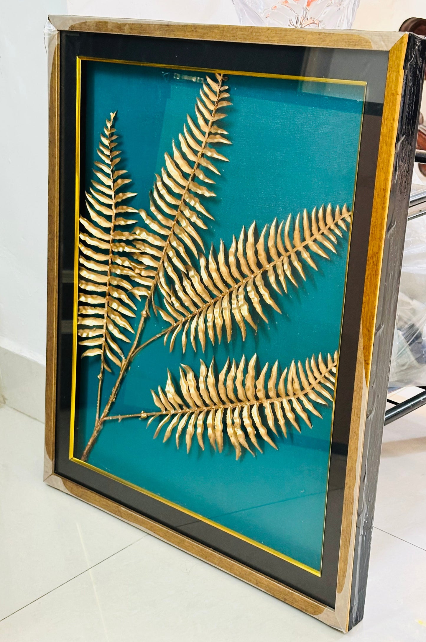 Wall Art Decor: Artificial leaves decor (with glass and frame) Set of 3