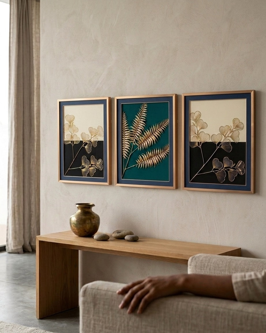 Wall Art Decor: Artificial leaves decor (with glass and frame) Set of 3