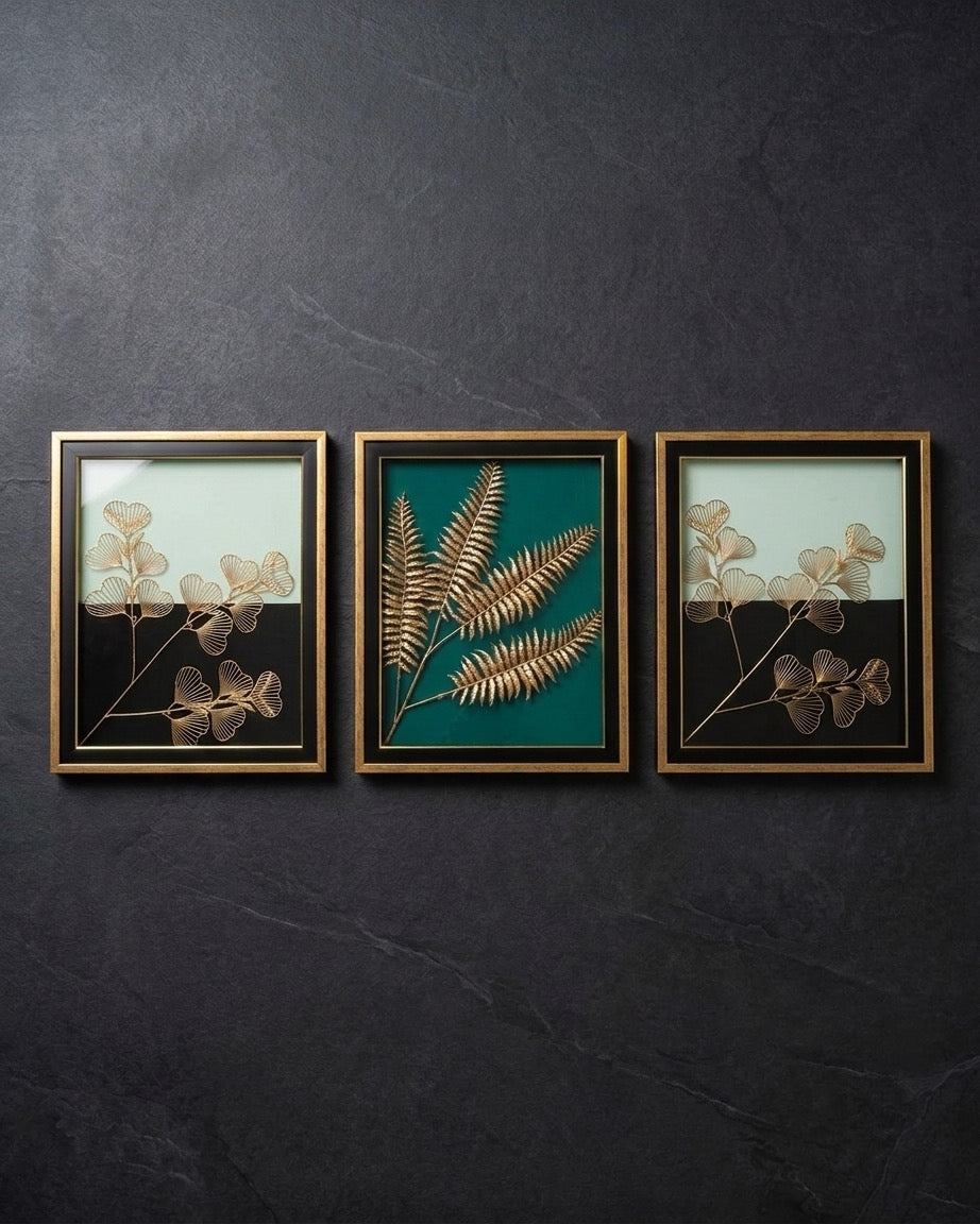 Wall Art Decor: Artificial leaves decor (with glass and frame) Set of 3