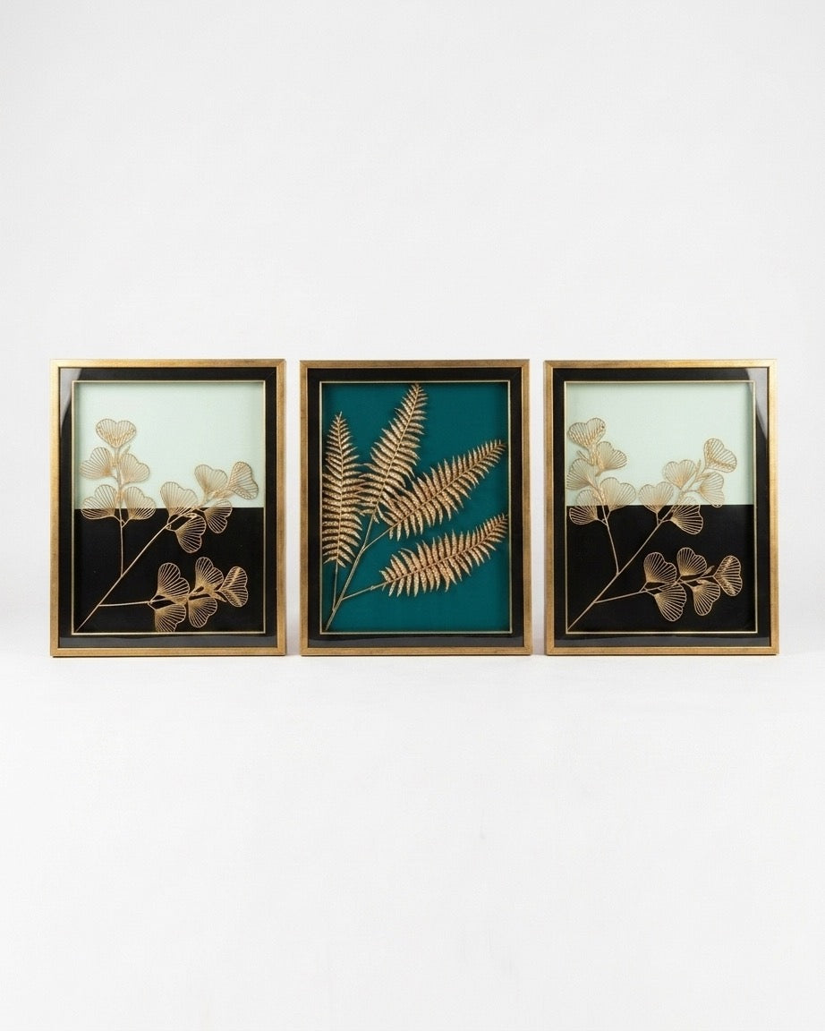 Wall Art Decor: Artificial leaves decor (with glass and frame) Set of 3